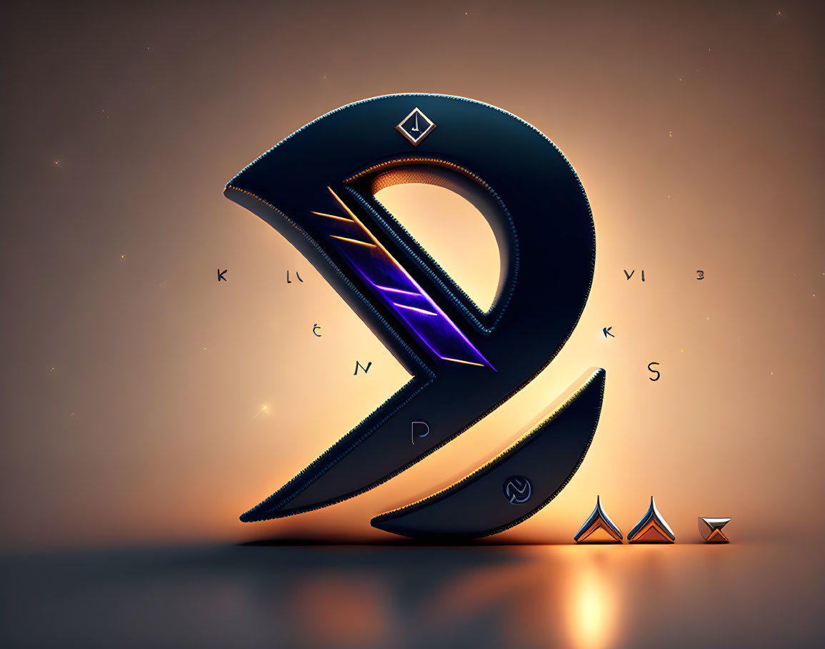 Stylized 3D letter "E" with neon symbols on warm gradient.