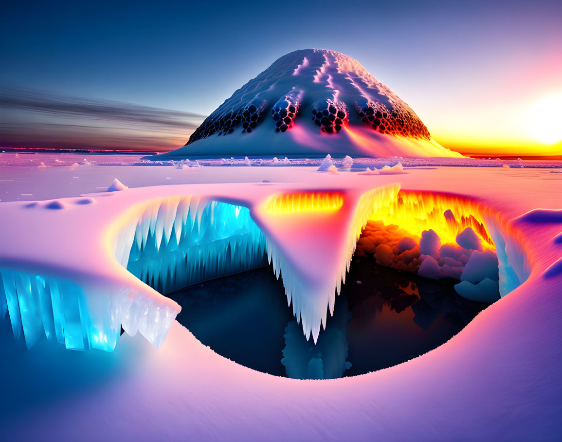 Vivid sunset over icy polar landscape with reflective surface & imposing mountain