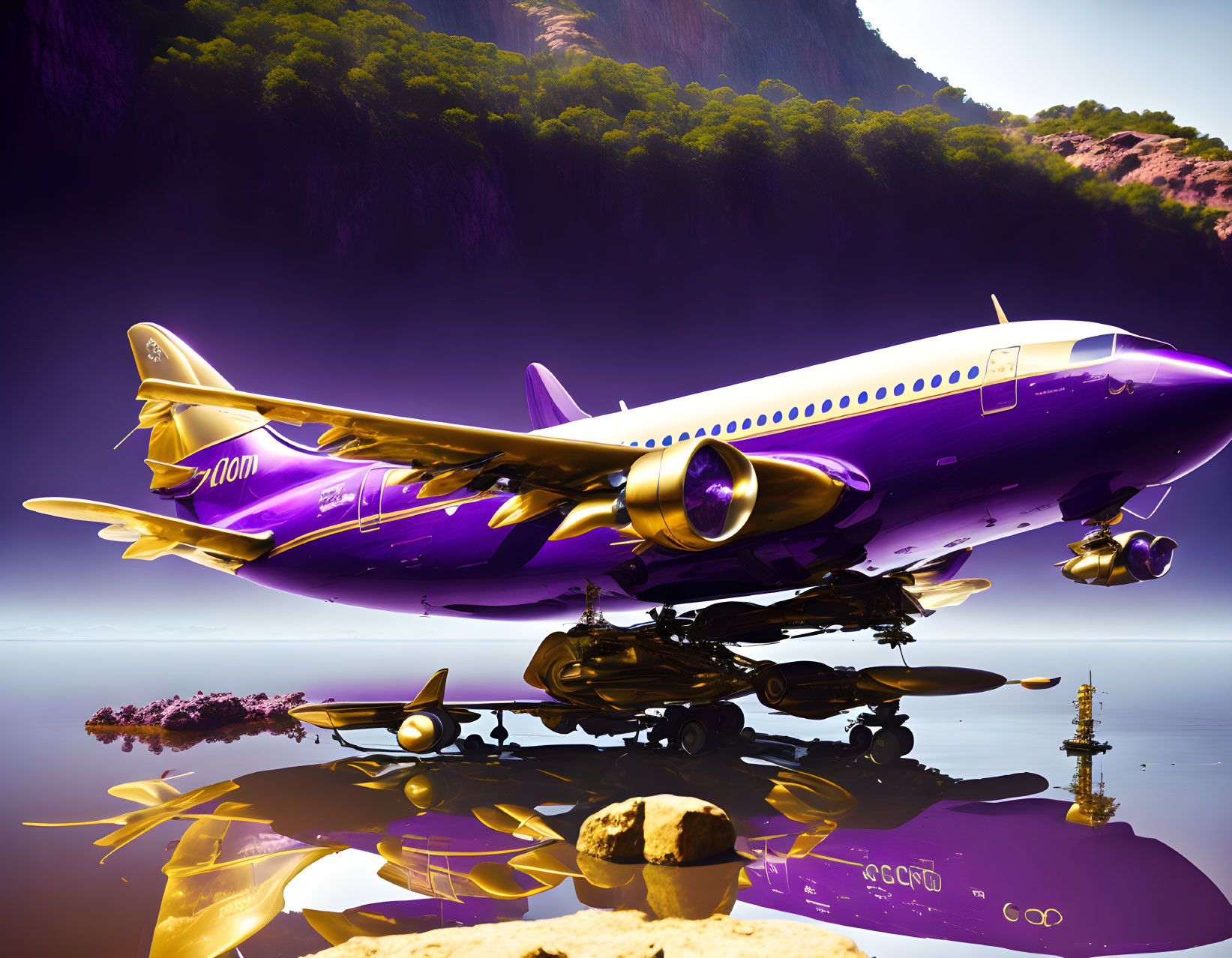 Purple and Gold Airplane Reflection on Glassy Water with Mountains and Clear Sky