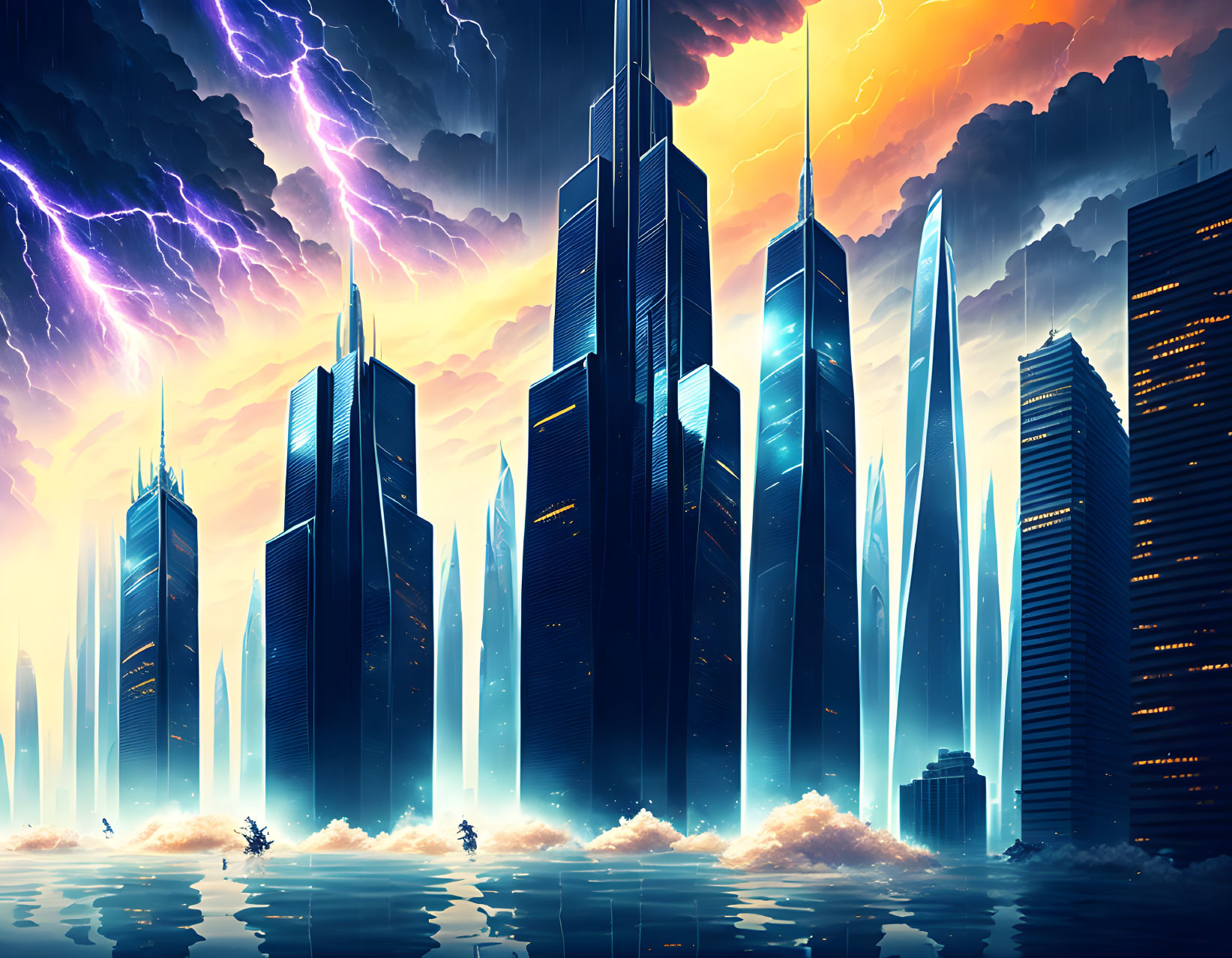 Dramatic futuristic cityscape with towering skyscrapers and lightning over water