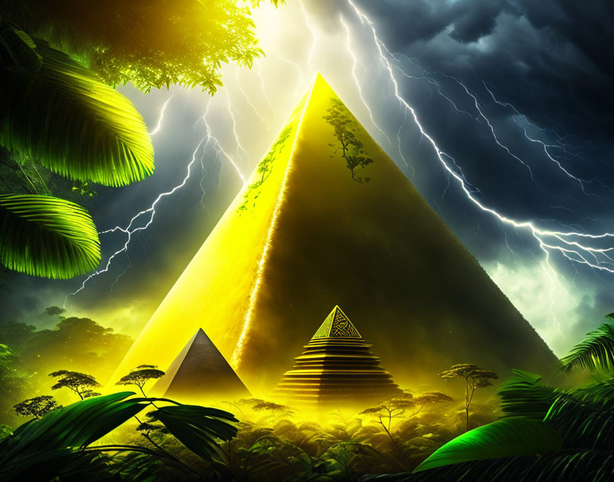 Glowing golden pyramid dominates jungle scene with lightning flashes