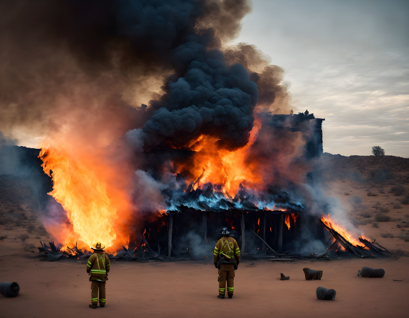 Intense flames engulf large structure in desert at dusk