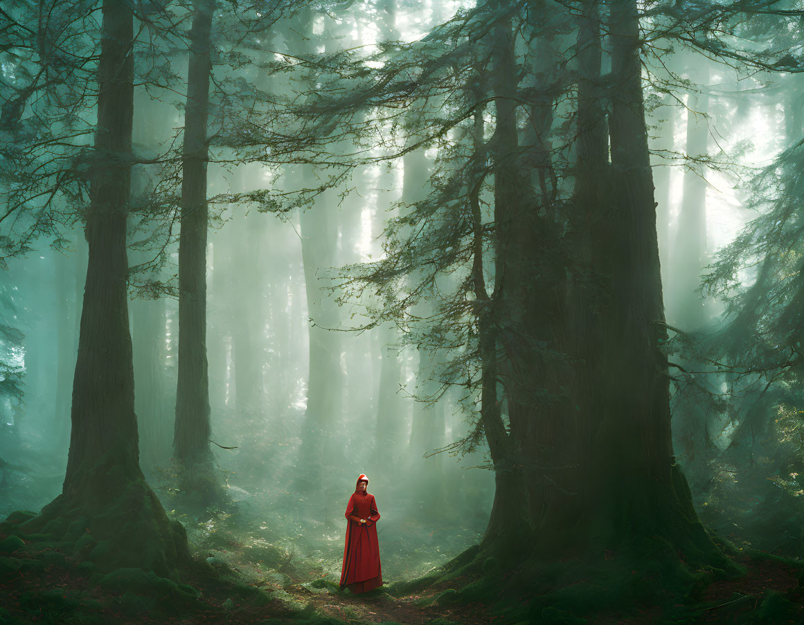 Mysterious figure in red cloak among misty forest trees