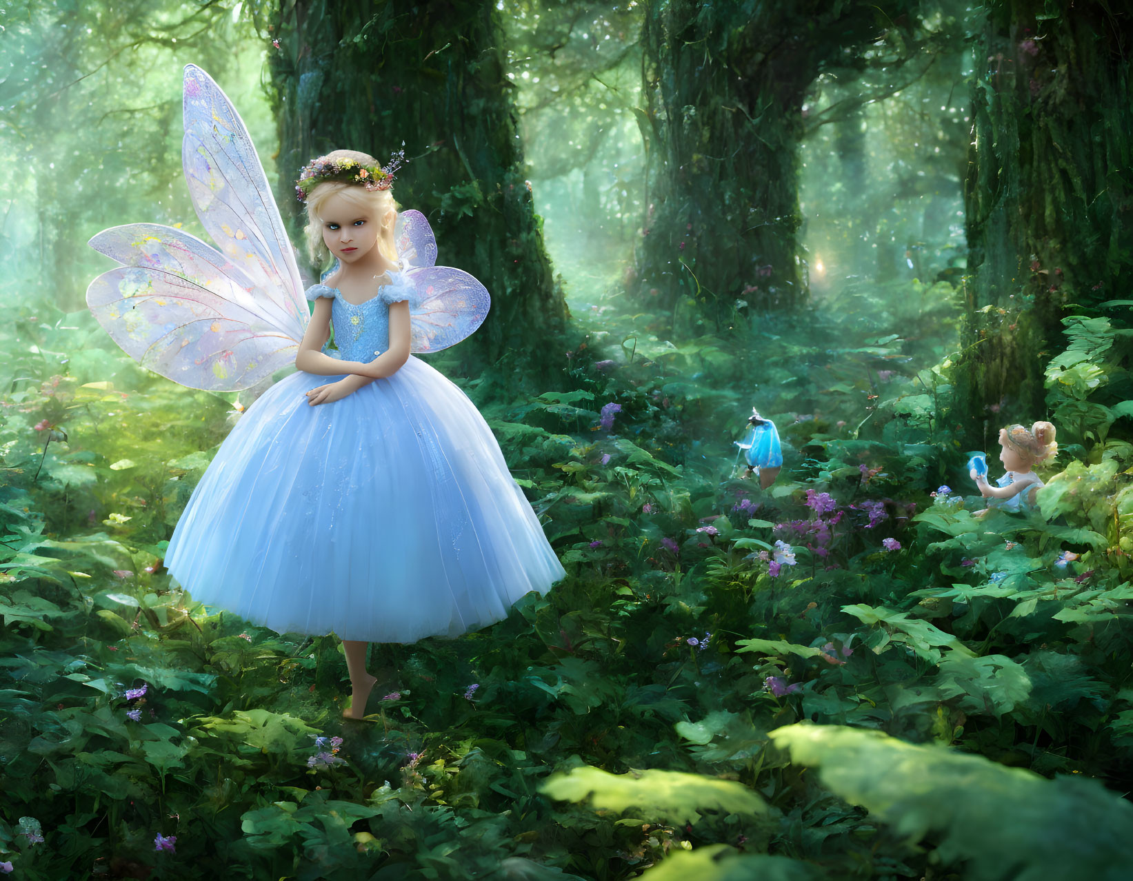 Young girl in fairy costume with translucent wings in enchanted forest with soft light.