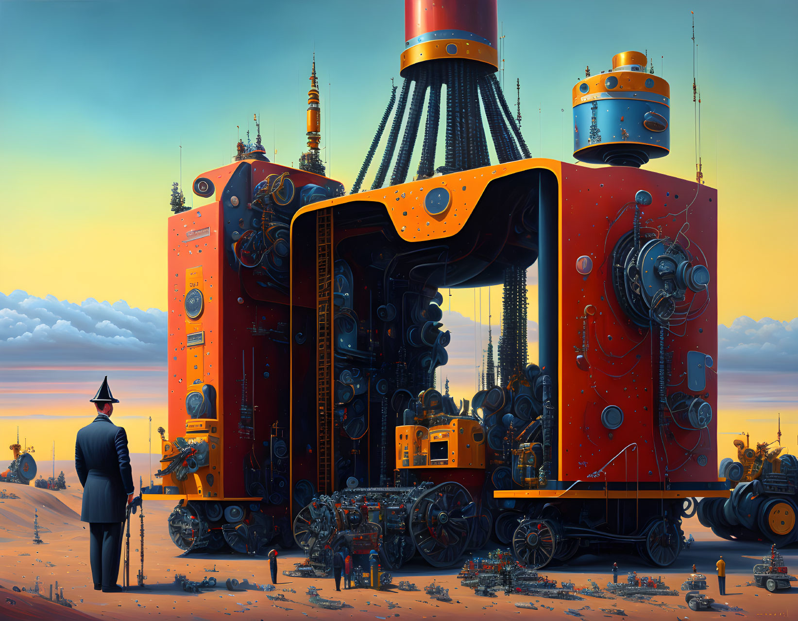 Steampunk landscape with person in top hat at sunset