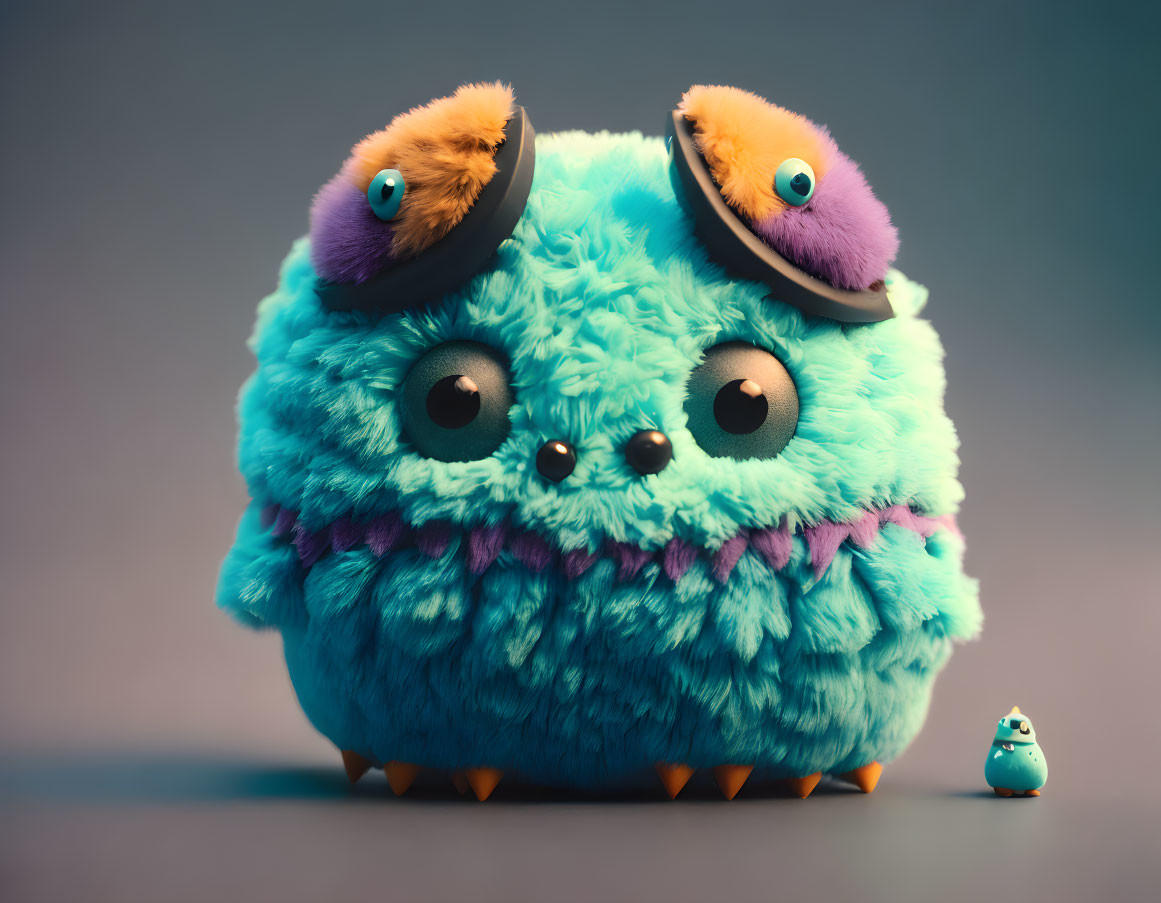 Fluffy blue creature with large eyes and tiny feet on gradient background