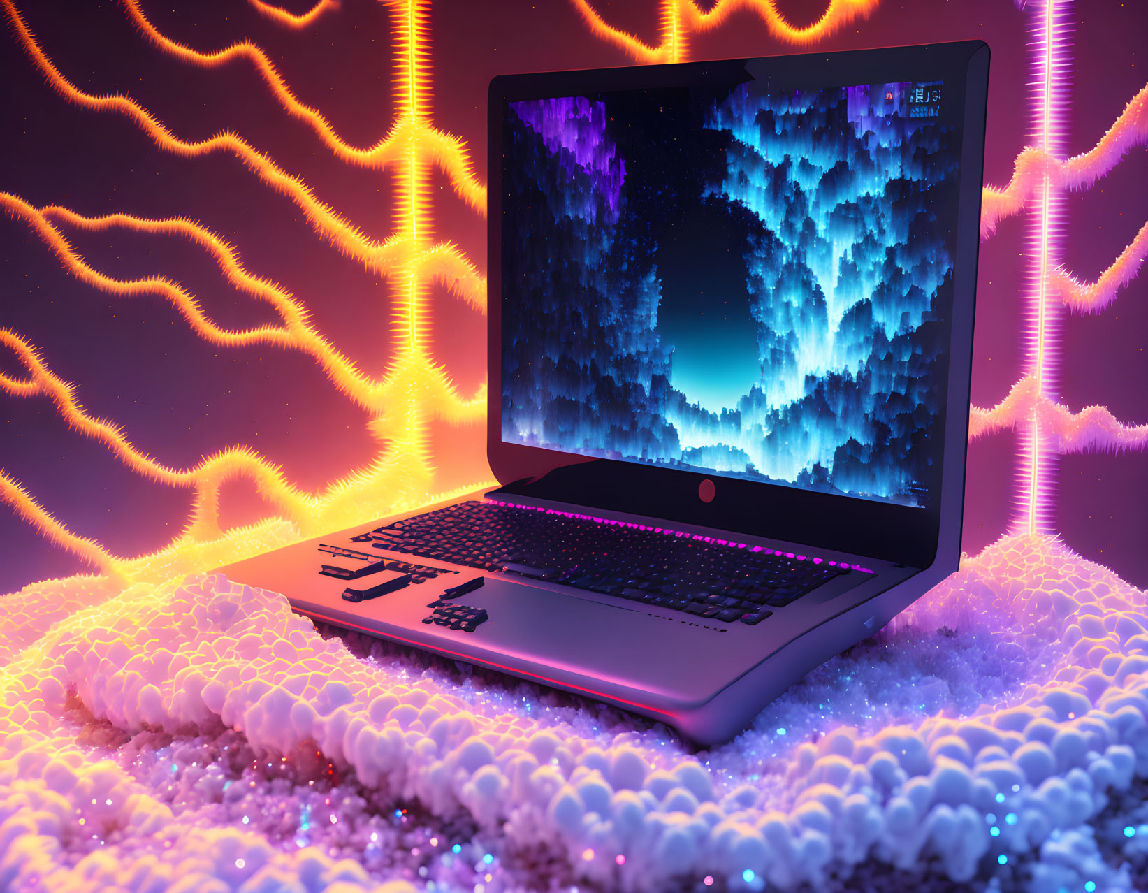 Laptop on glowing surface with neon patterns and digital sky