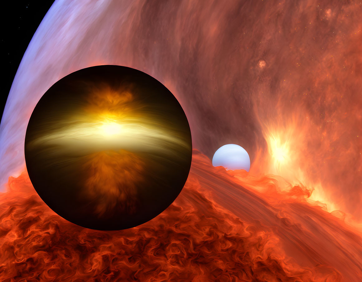 Glowing celestial sphere over fiery landscape with gas giant and moon.