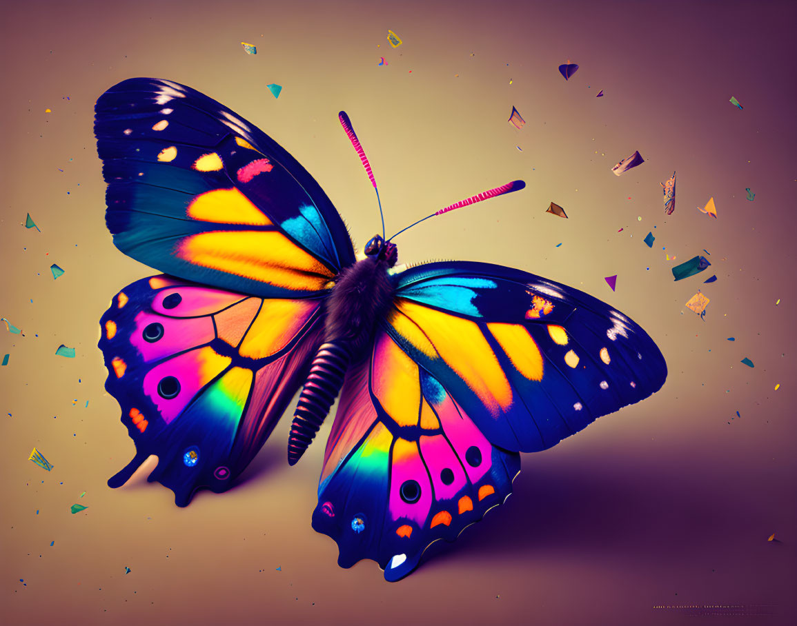 Colorful butterfly digital artwork with decorative patterns on warm-toned backdrop