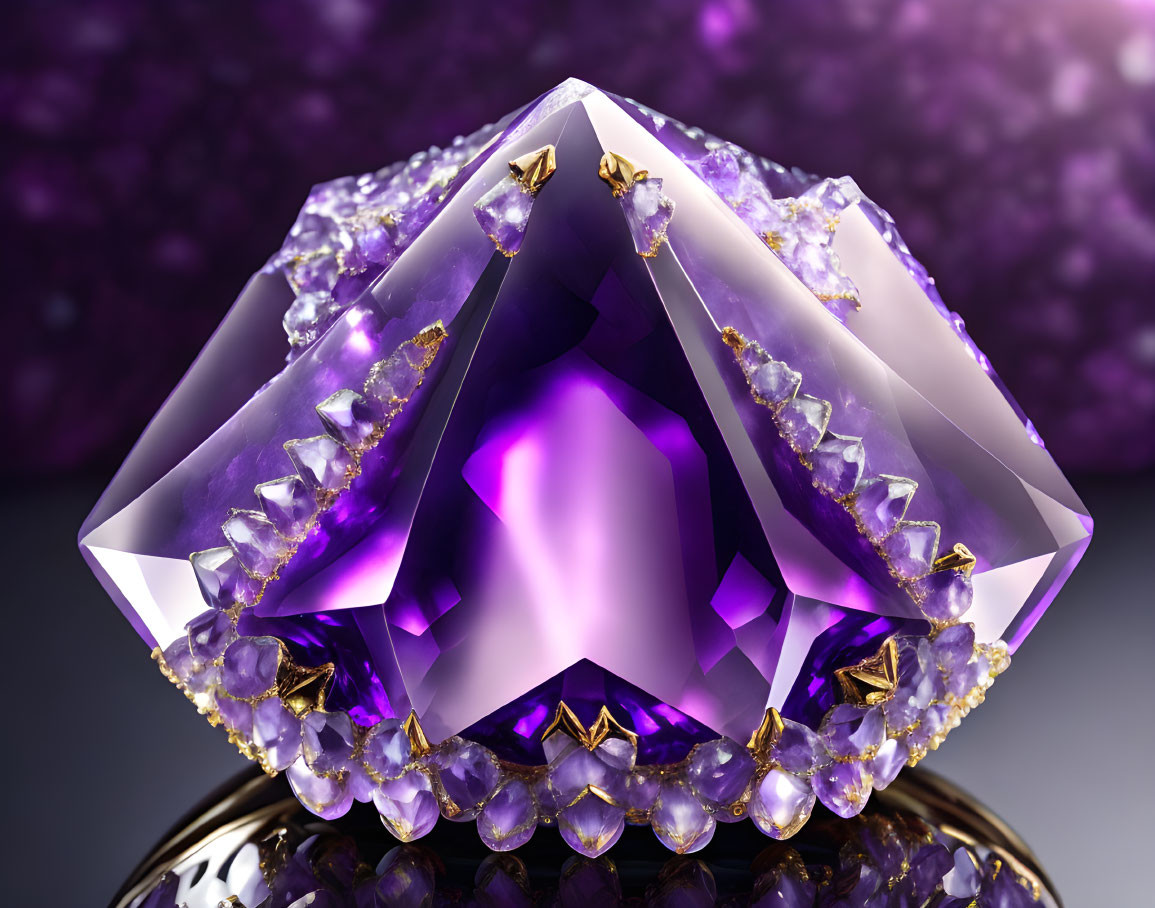 Faceted Amethyst Crystal with Gold Accents on Purple Background