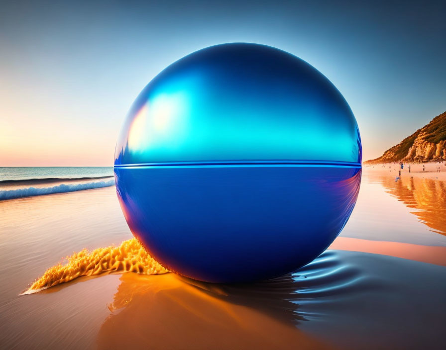 Blue Glossy Sphere Reflects Sunset on Sandy Beach