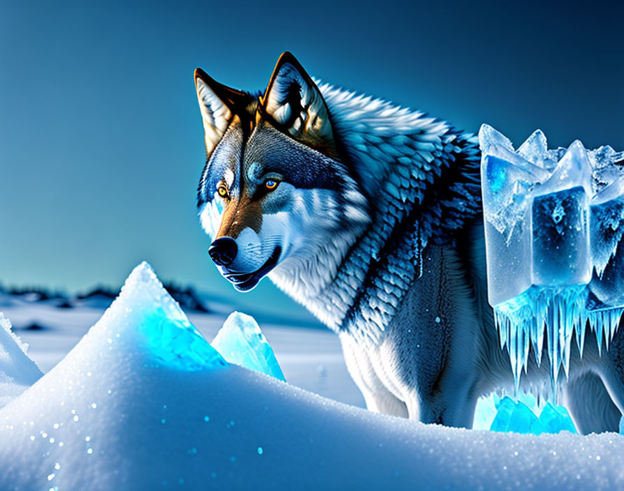 Realistic Wolf Illustration in Icy Landscape with Blue Ice Crystals