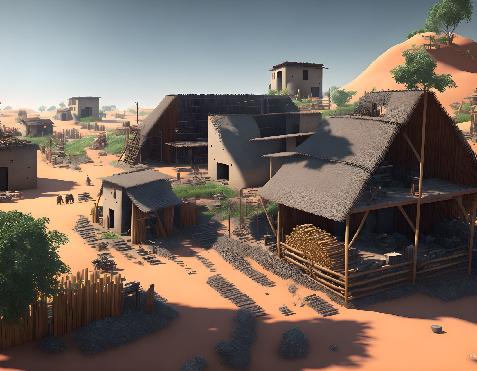 Traditional mud brick houses in serene desert village