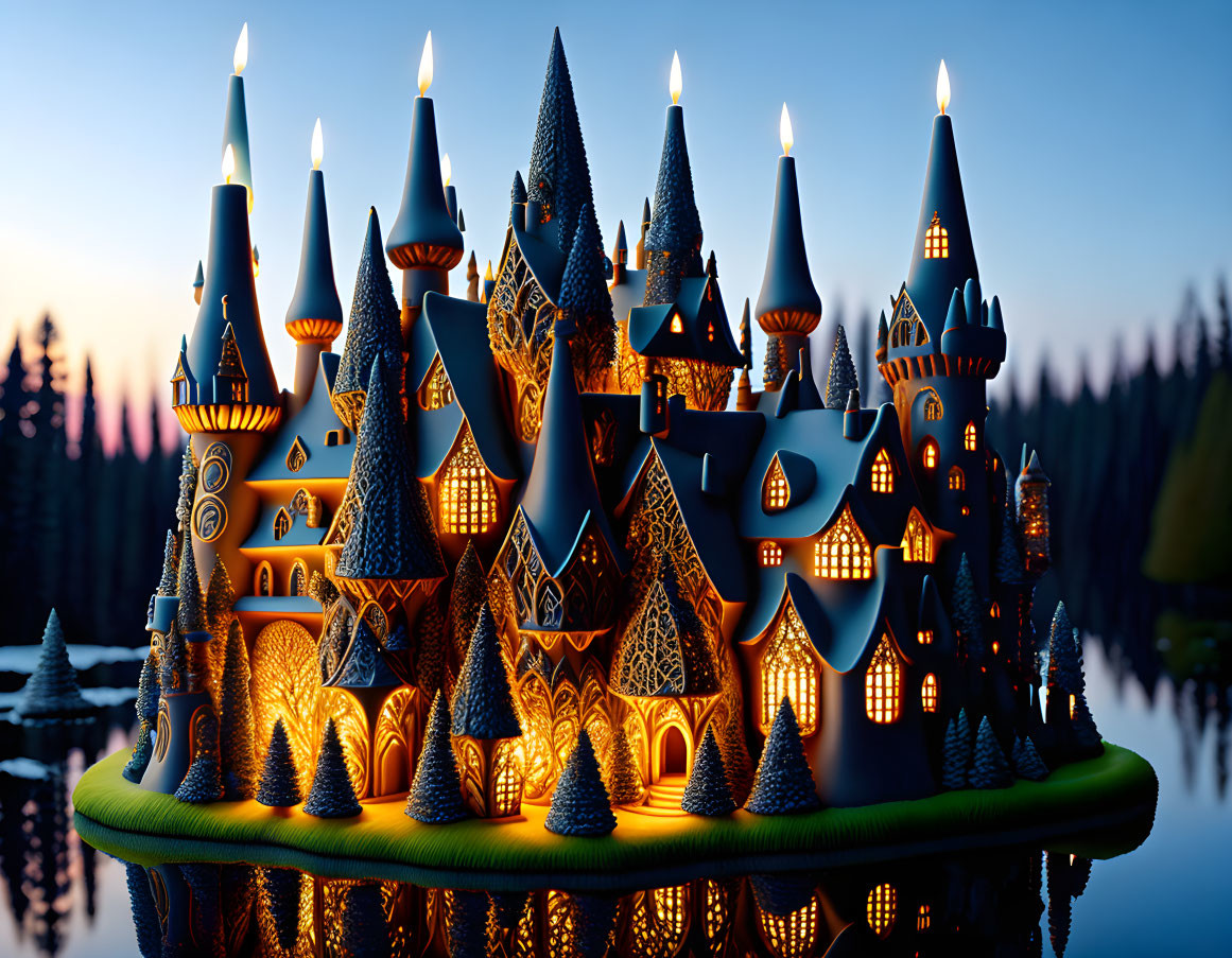 Fantasy castle with spires and candlelit windows in twilight forest