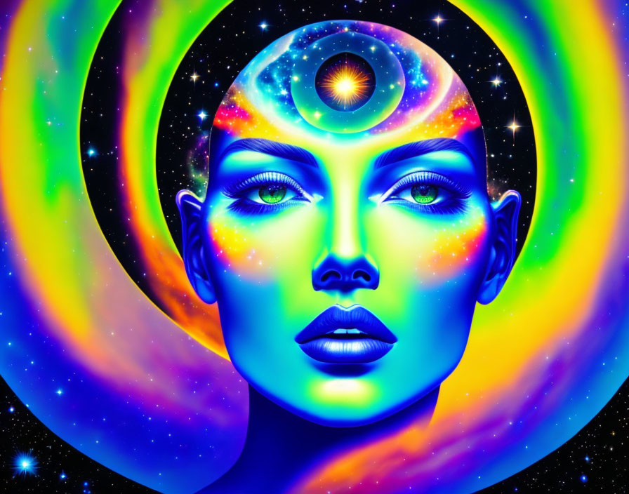 Symmetrical cosmic woman's face with stars and galaxies.