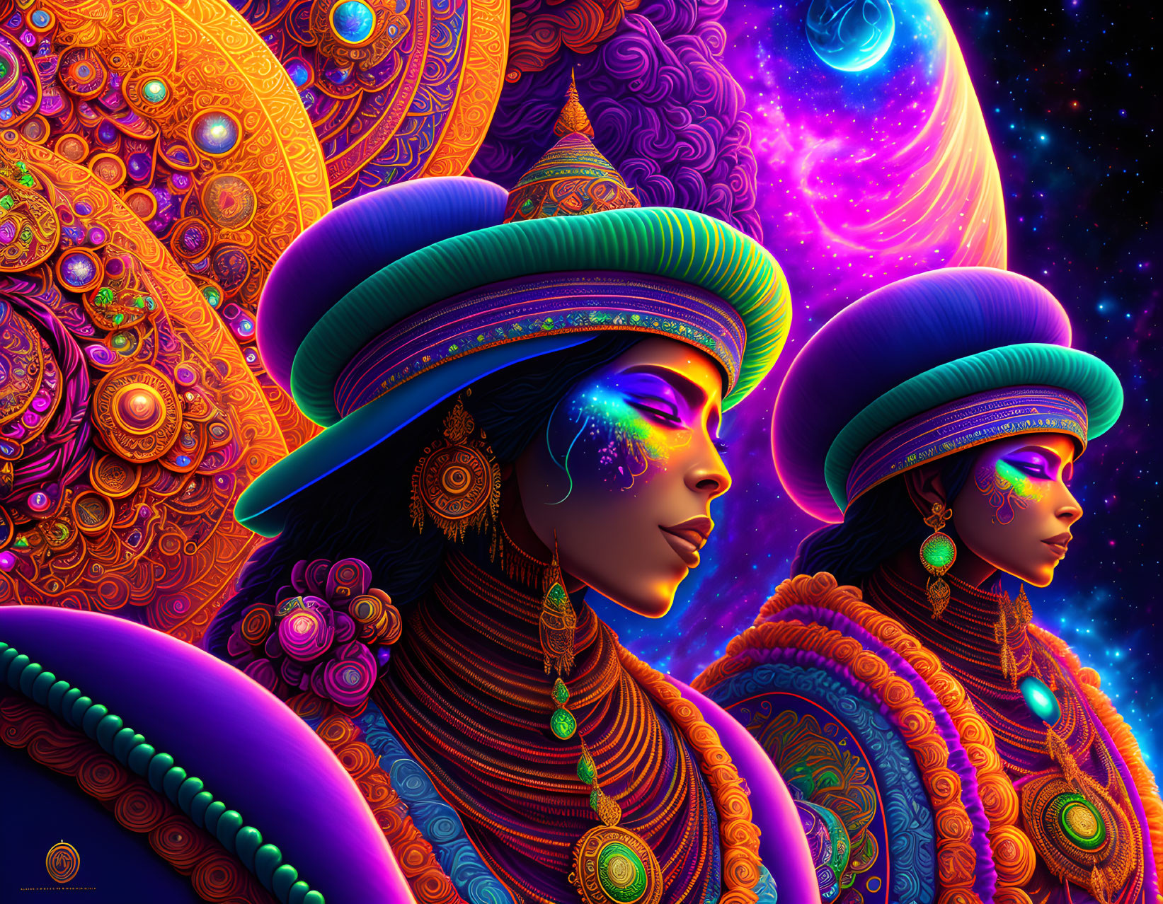 Colorful Psychedelic Image of Two Women with Elaborate Hats and Cosmic Background