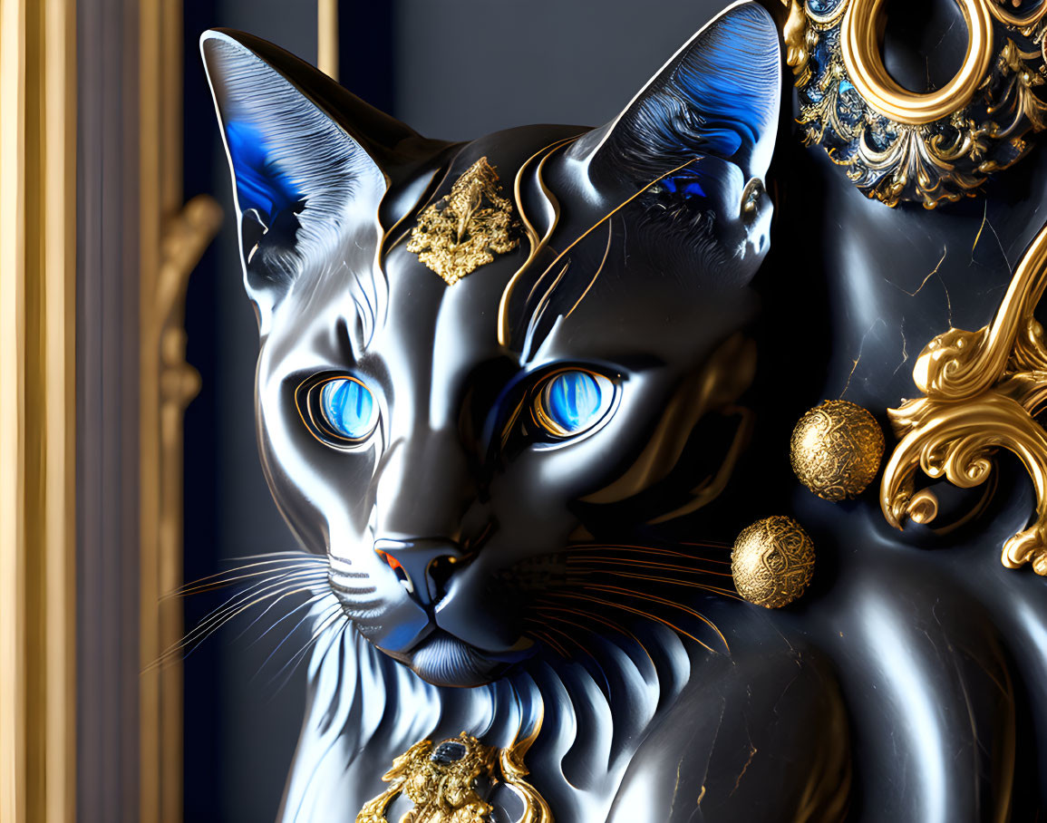 Metallic Blue Cat Sculpture with Golden Accents and Blue Eyes Next to Gold-Trimmed Mirror