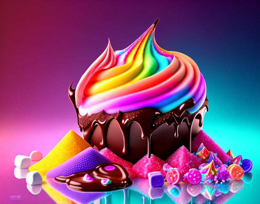 Colorful Cupcake Artwork with Rainbow Icing and Chocolate Drip