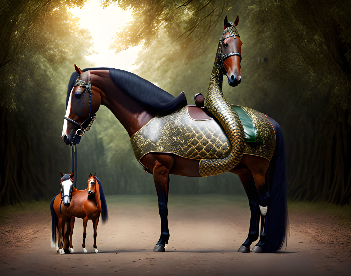 Surreal image: Large horse with snake body & smaller horse on forest path with hazy sun