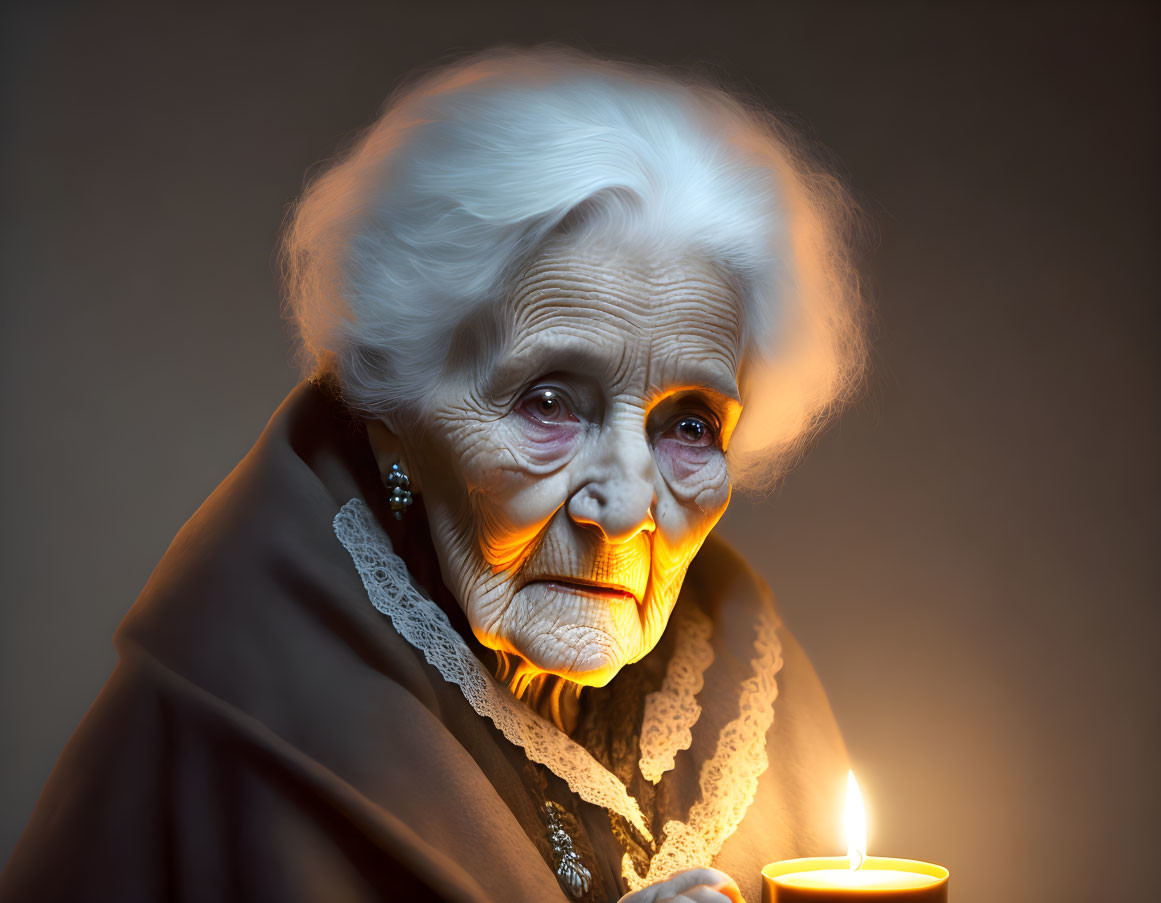 Elderly woman with white hair holding a candle solemnly