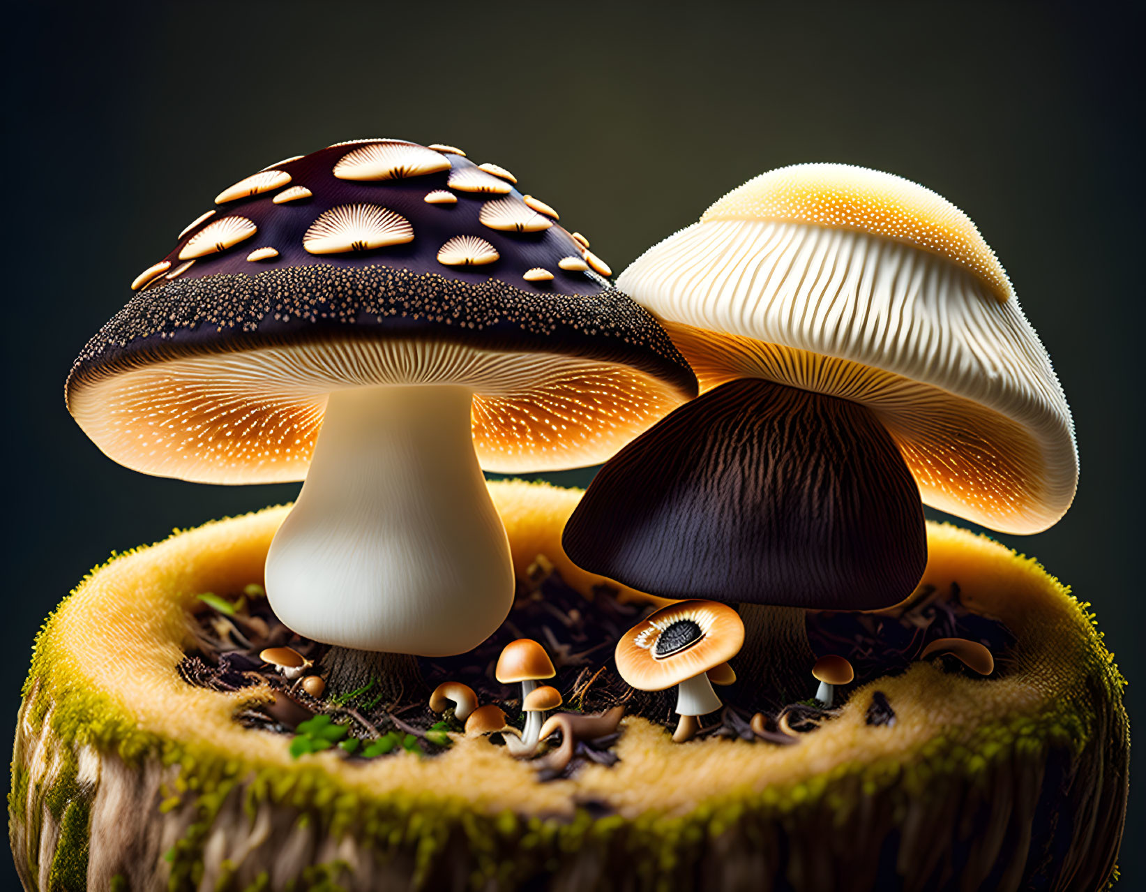 Stylized mushrooms on mossy stump: intricate details, fantasy-like.