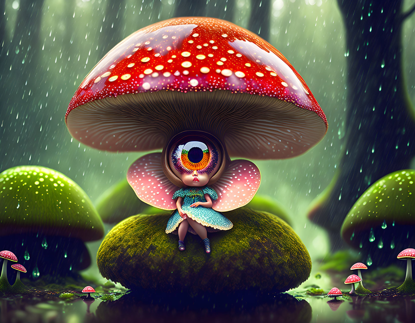 Whimsical illustration of small character under red-spotted mushroom cap