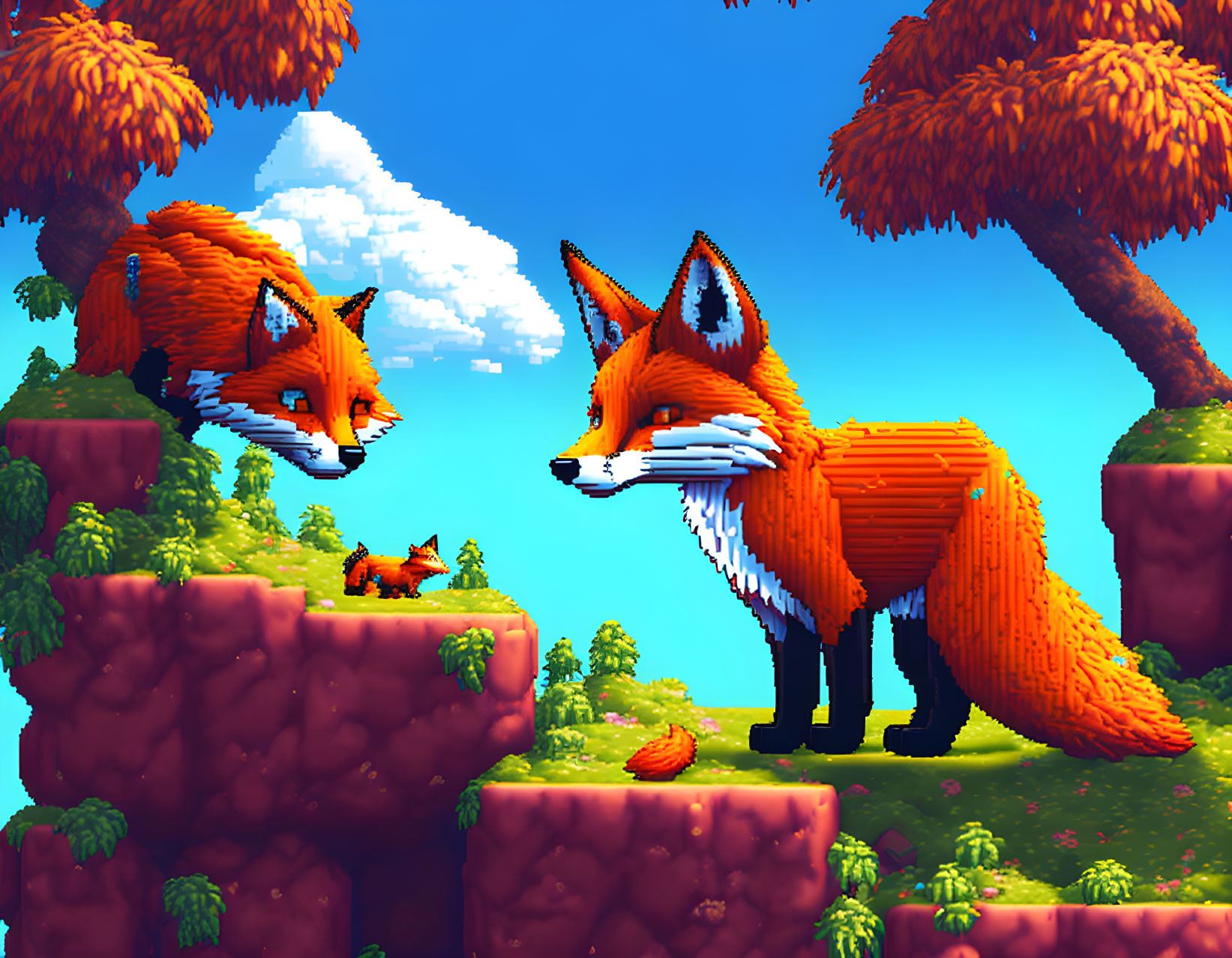 Colorful pixel art of three foxes in autumn forest landscape