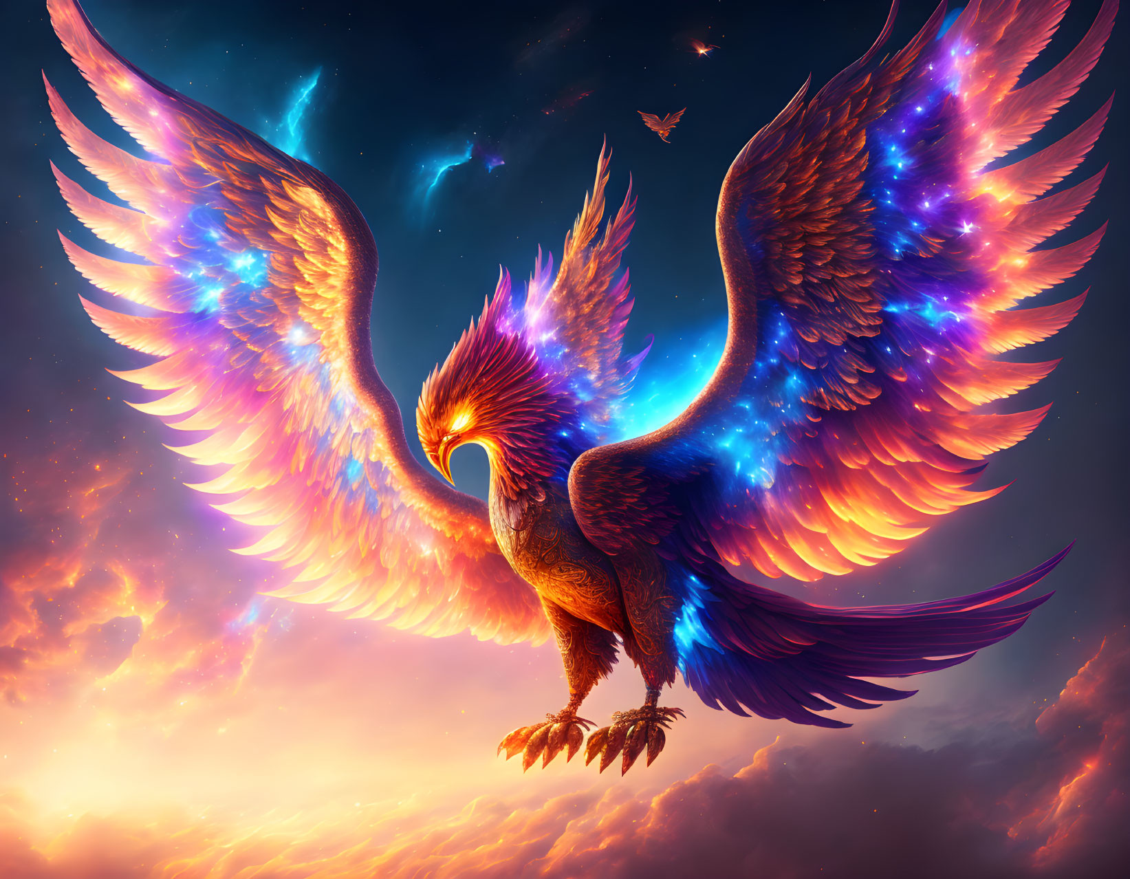 Majestic phoenix with multicolored wings in fiery sunset sky