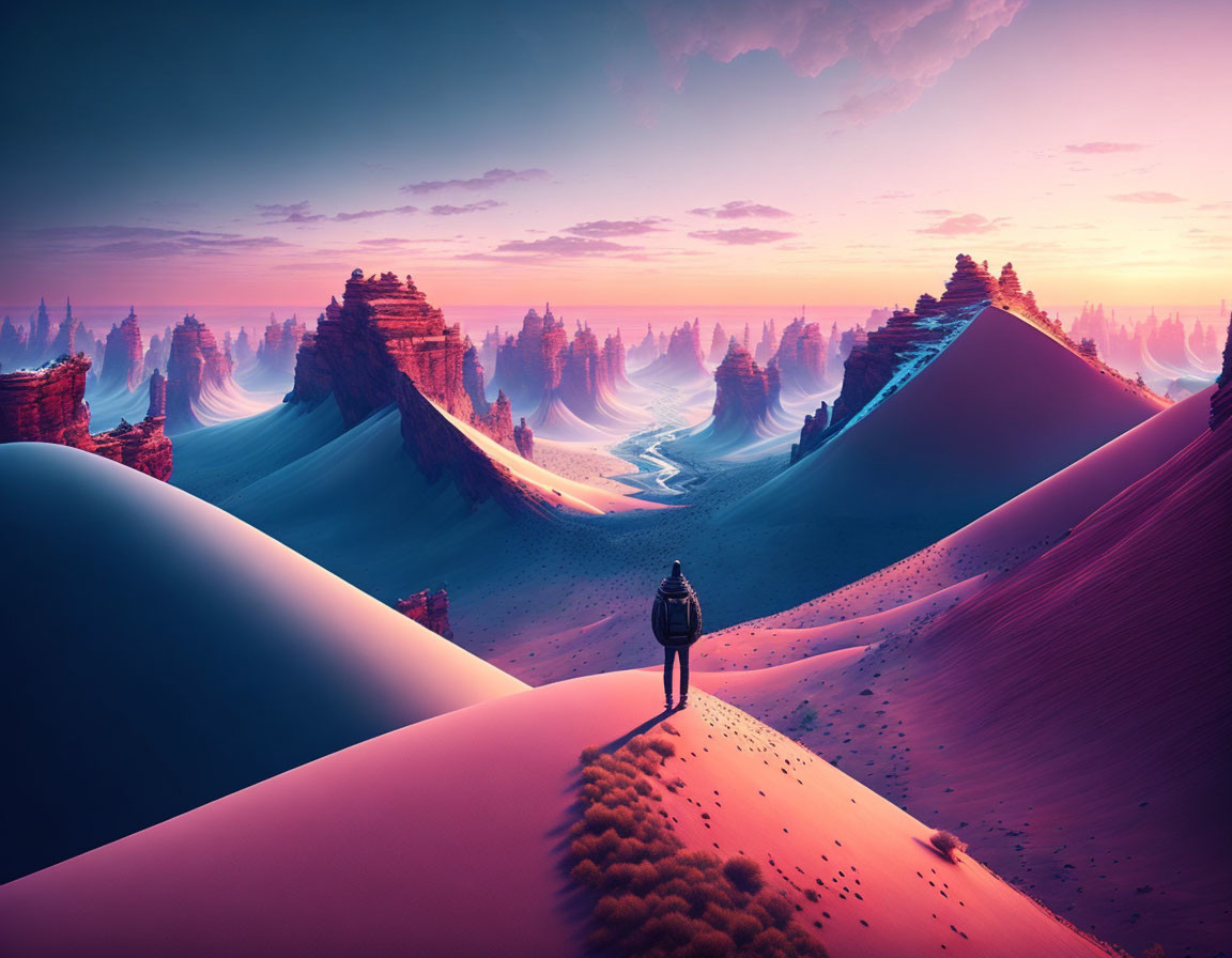 Person on Sand Dune Views Vibrant Surreal Landscape