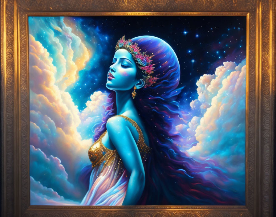 Cosmic-themed portrait of a woman in ornate gold frame