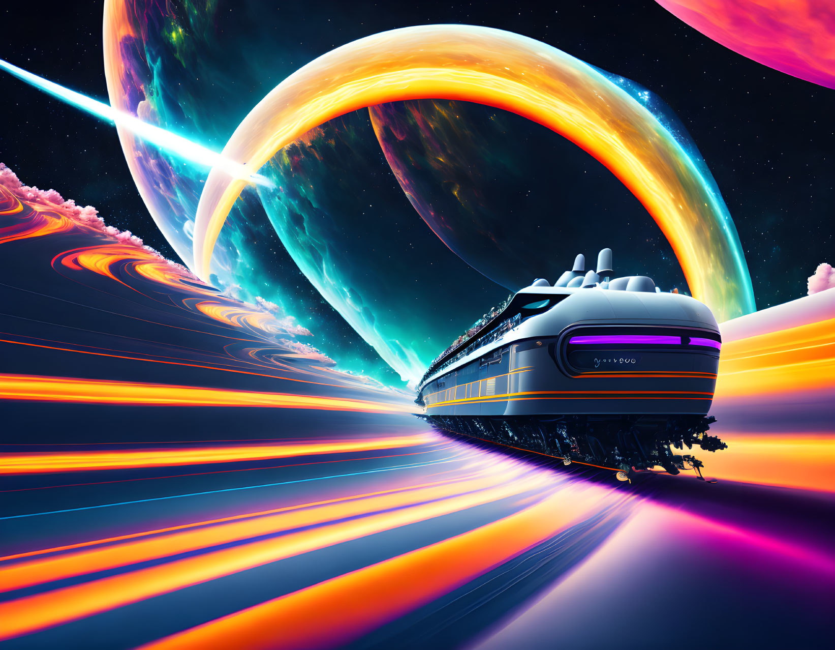 Futuristic train racing through vibrant alien landscape