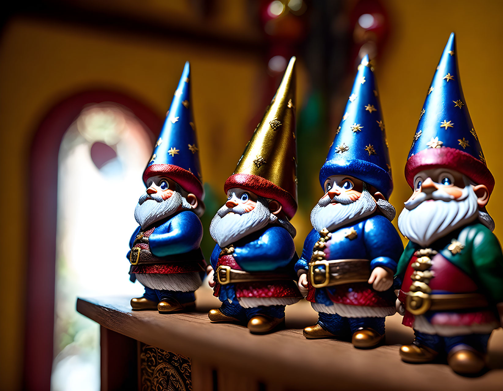 Colorful Wizard Gnome Figurines in a Row