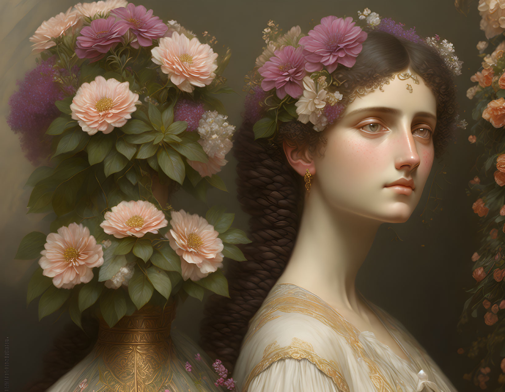 Portrait of woman with floral crown and braided hair among pink flowers and greenery