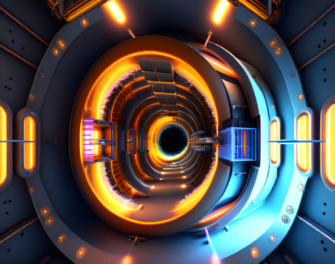 Futuristic tunnel with orange lights, blue panels, and circular patterns