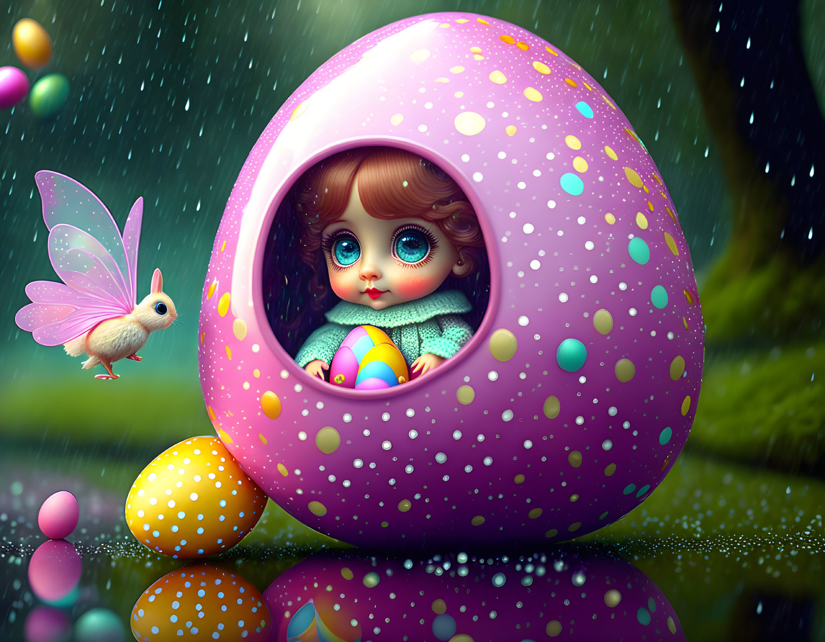 Colorful whimsical illustration of big-eyed doll in spotted egg with pink-winged bird, raindrops