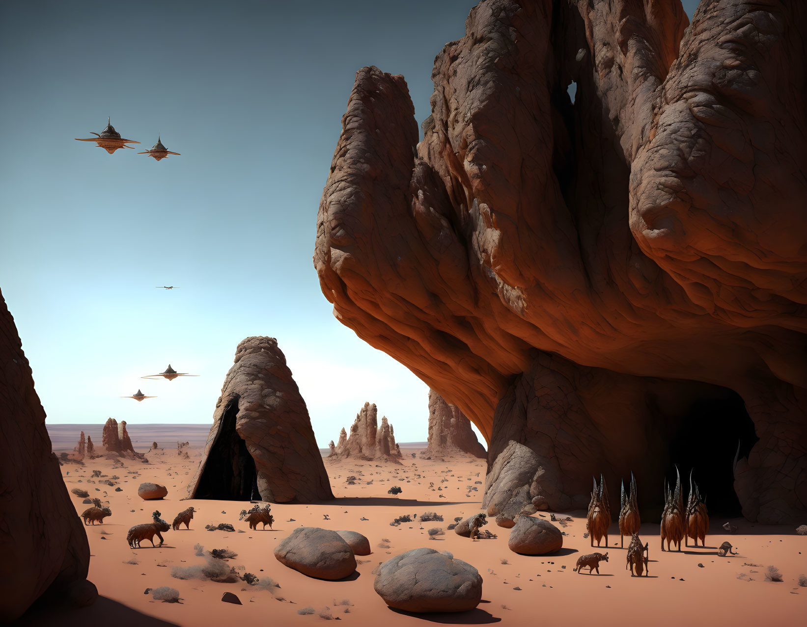 Desert landscape with towering rock formations and alien creatures