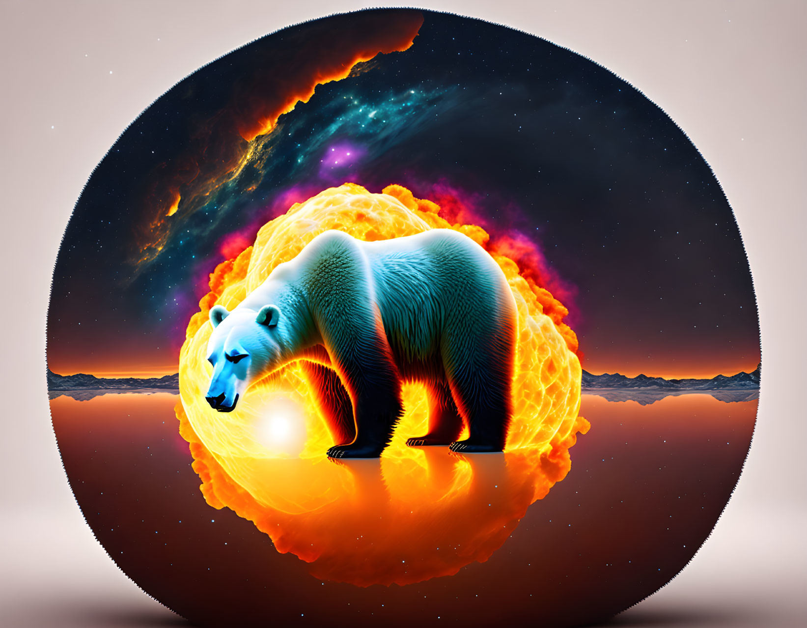 Surreal polar bear on fiery sphere with cosmic backdrop