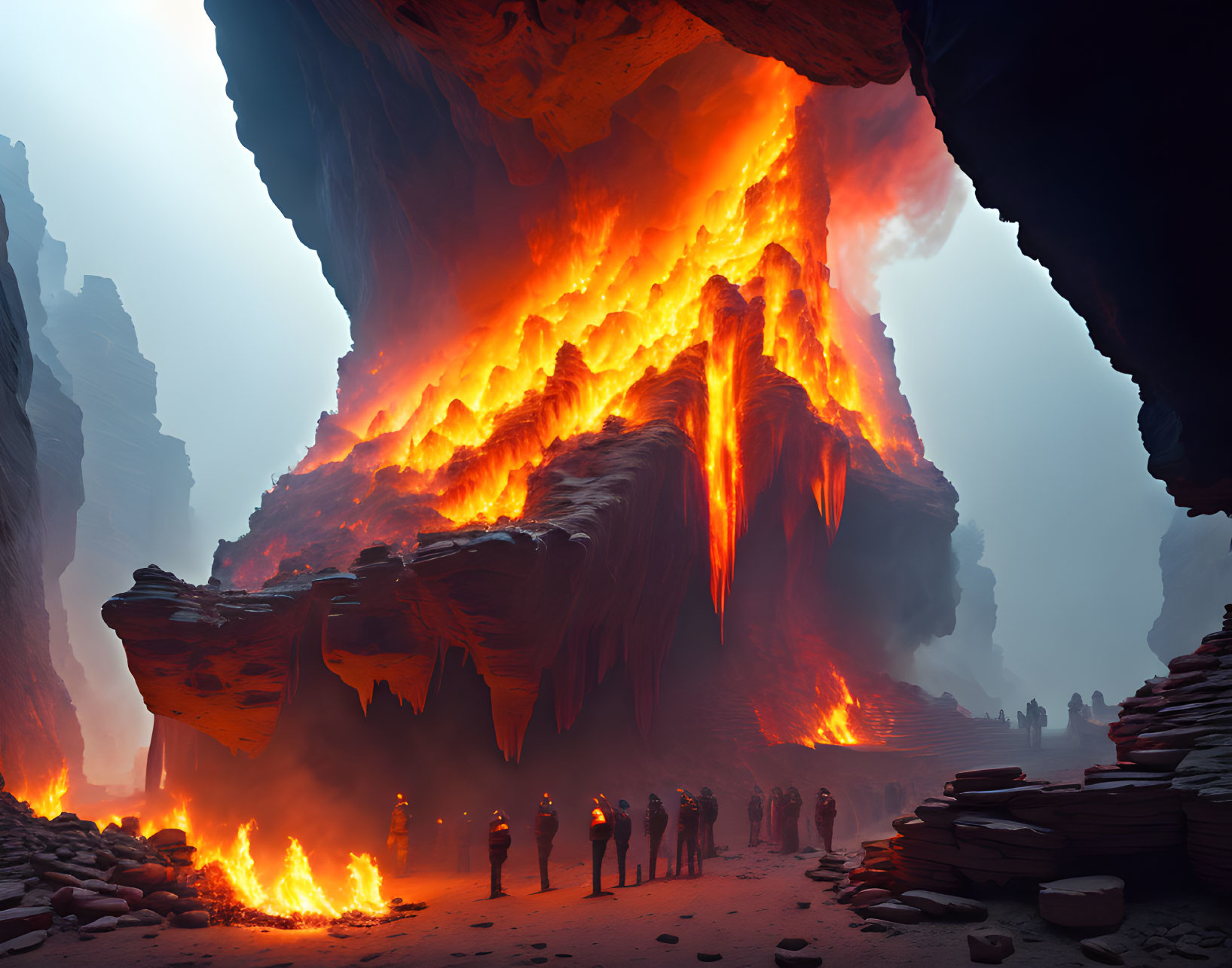 Fiery cavern with molten lava and figures near fire