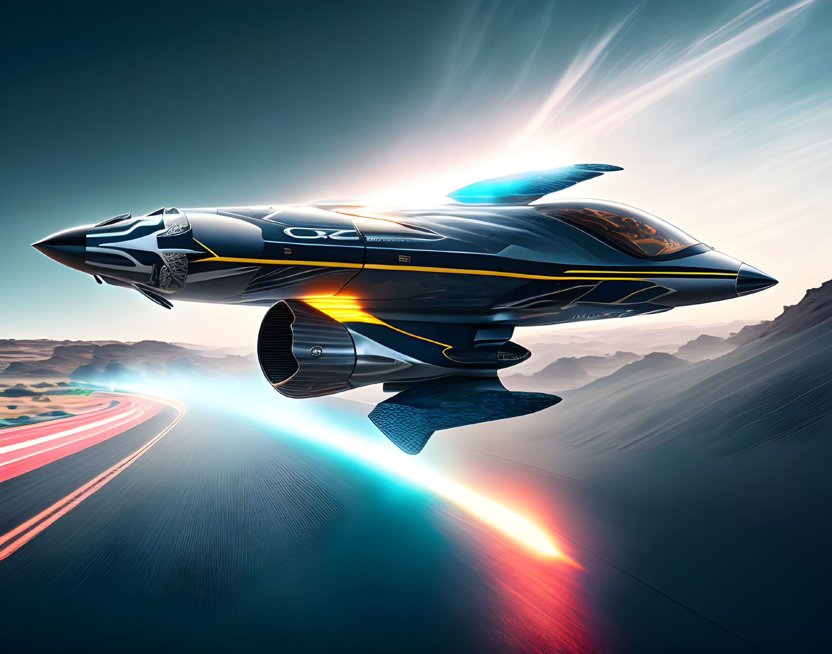 Sleek futuristic flying car with blue-yellow highlights hovering over desert landscape