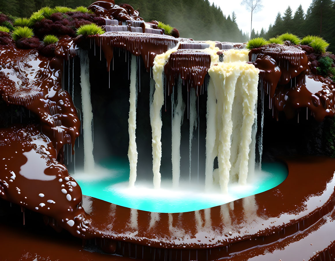 Surreal waterfall scene with flowing chocolate and lush greenery