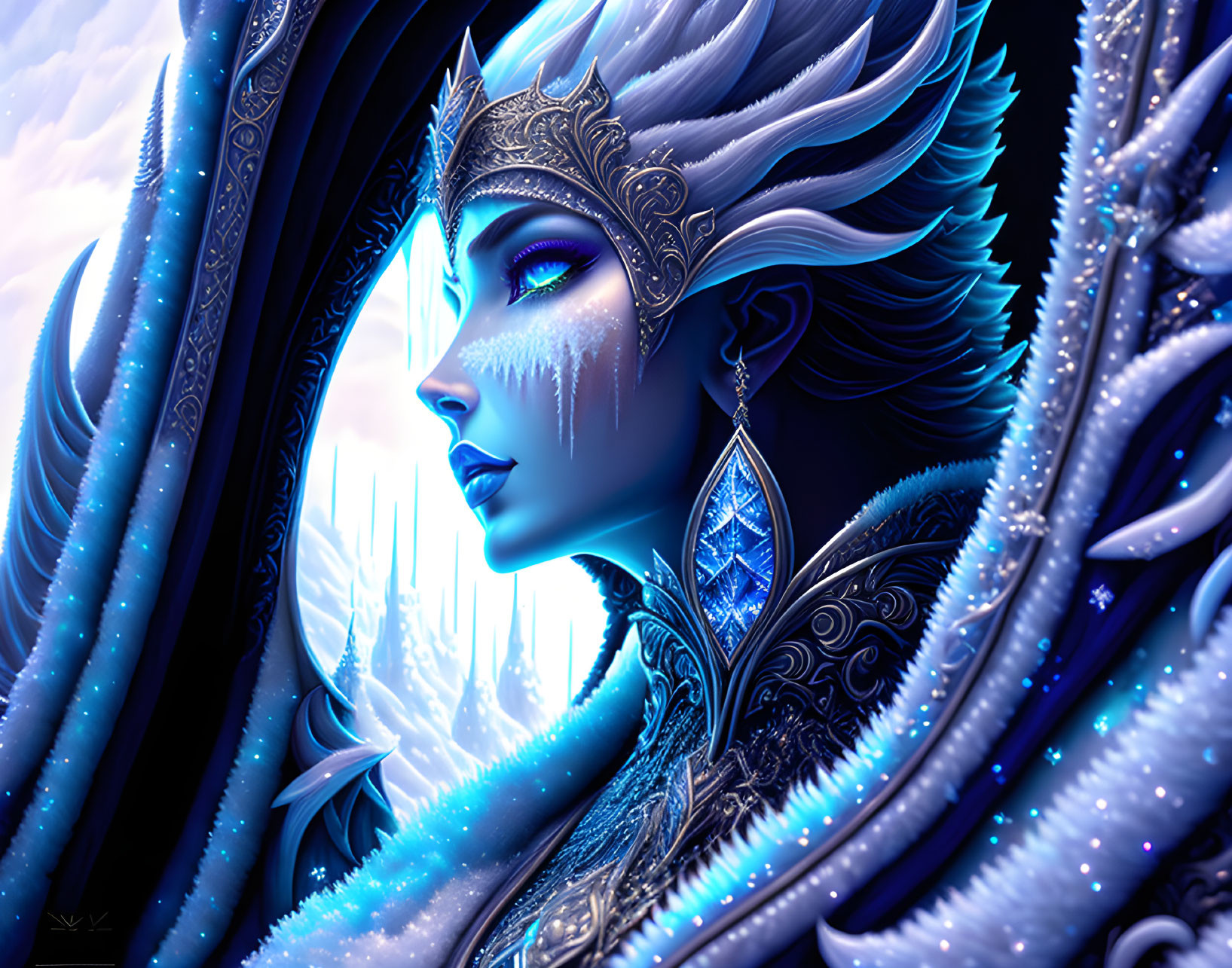 Majestic ice-themed female figure in silver armor and jewelry on blue crystal backdrop