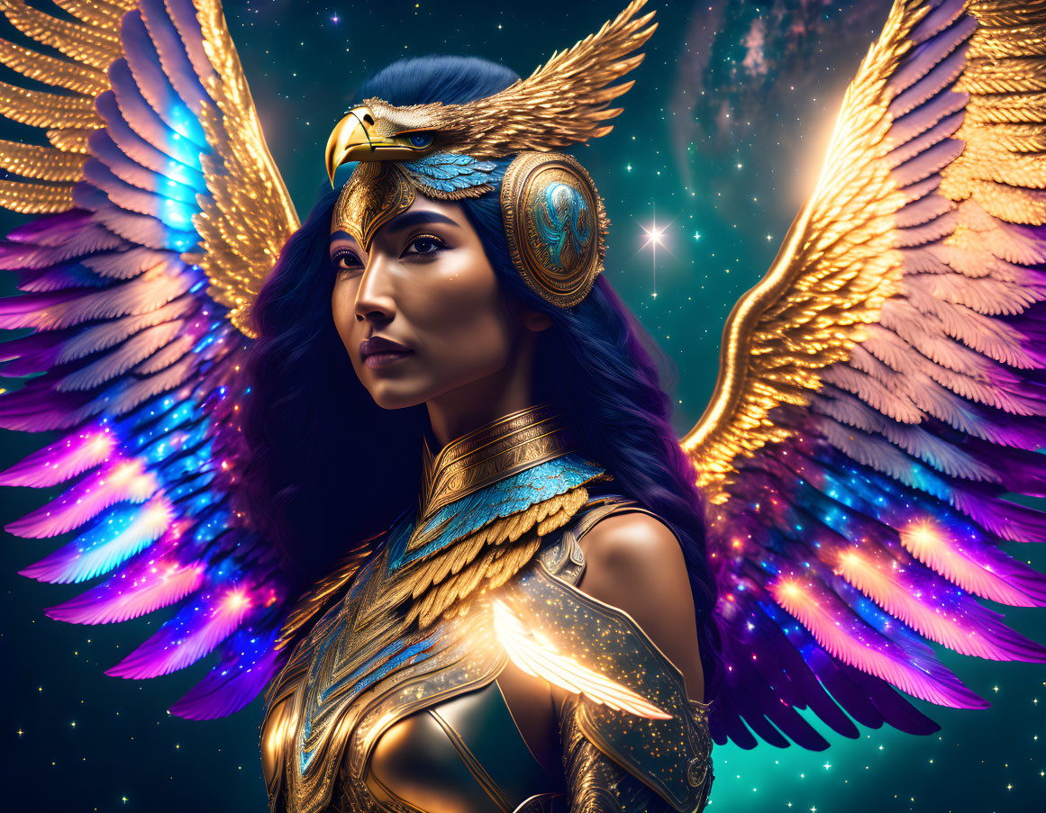 Colorful Winged Woman in Golden Armor and Helmet Artwork