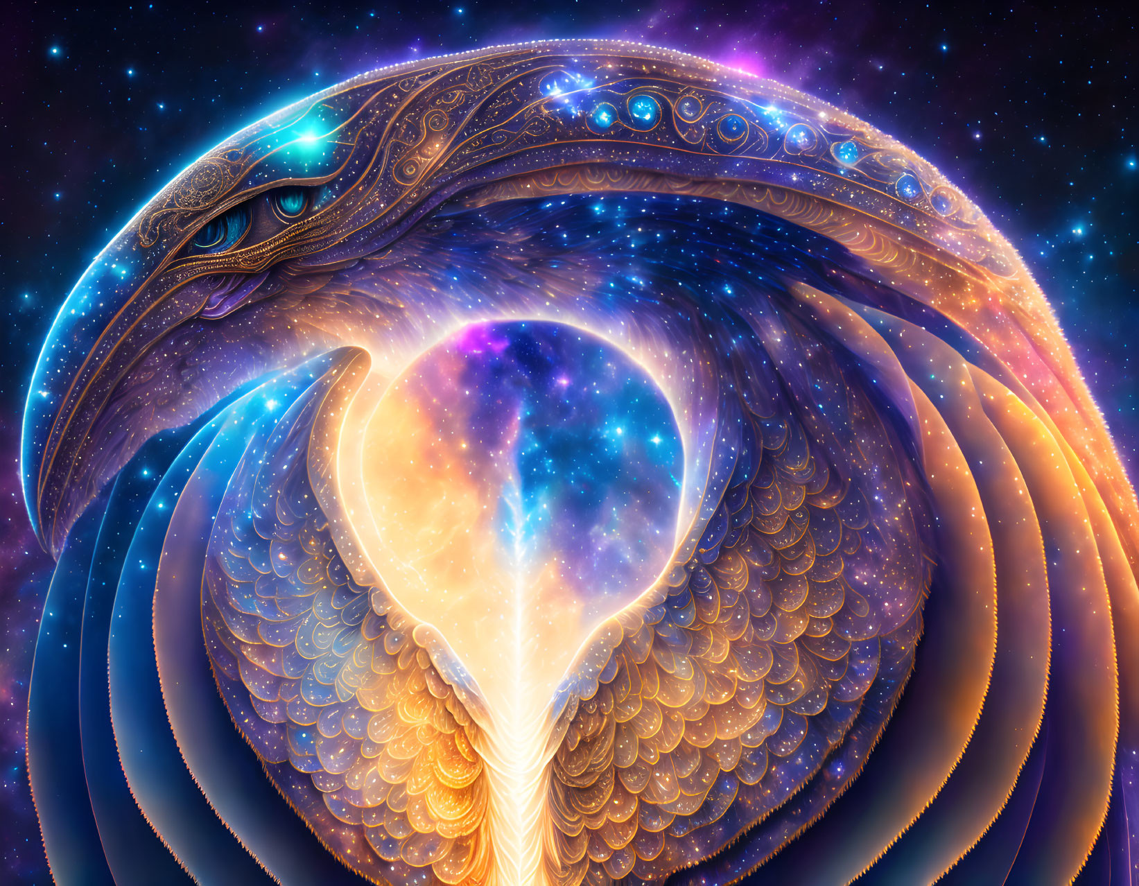 Cosmic phoenix digital artwork with nebula core and celestial wings