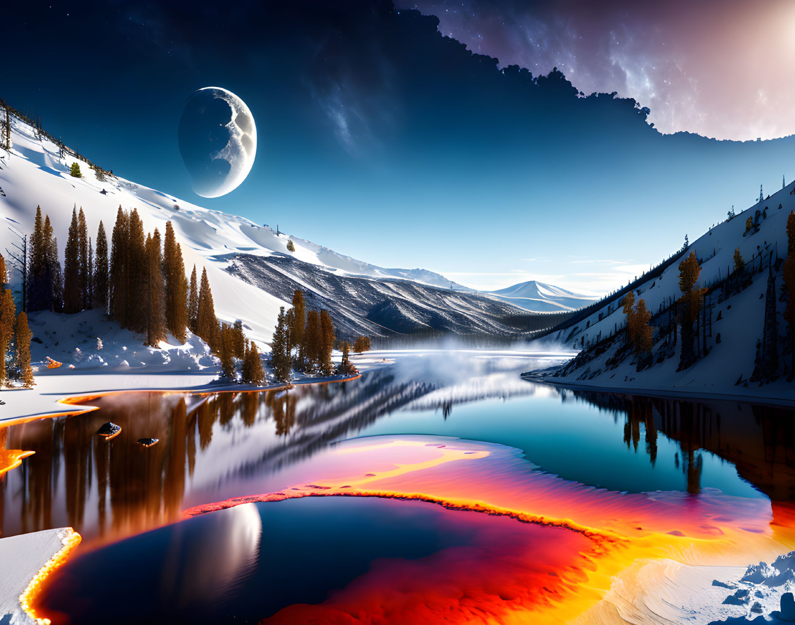 Vibrant river in snowy mountains under night sky