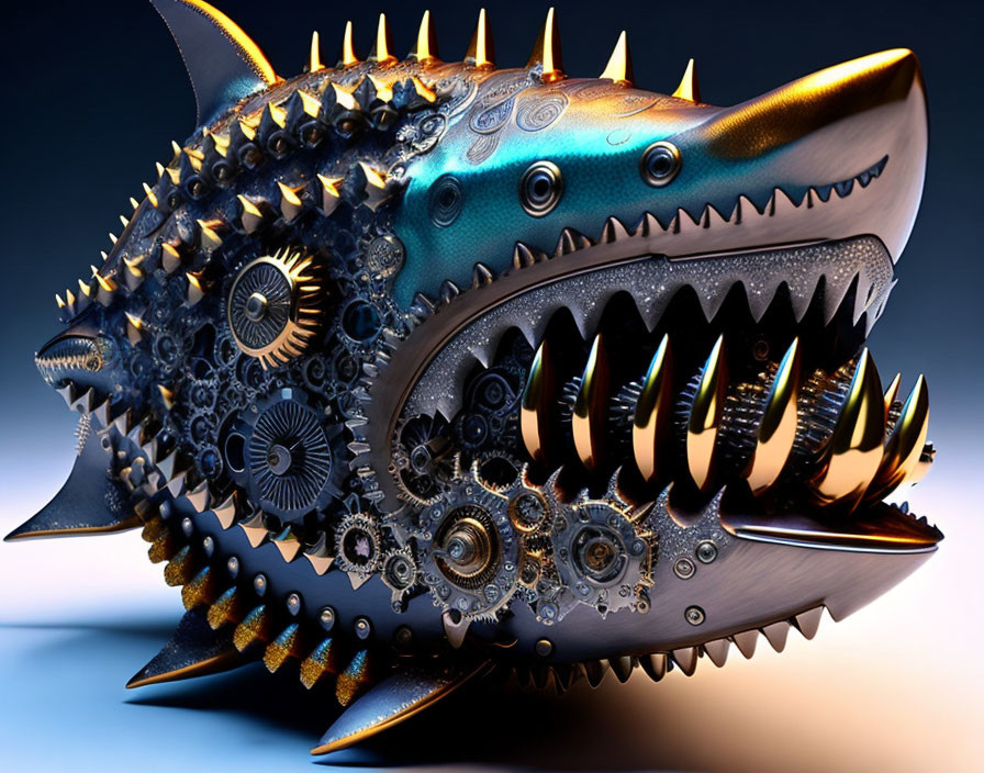 Mechanical Fish with Gears and Metallic Teeth on Blue Gradient Background