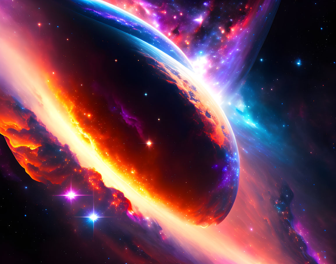 Colorful space scene with luminous celestial body and swirling nebulae