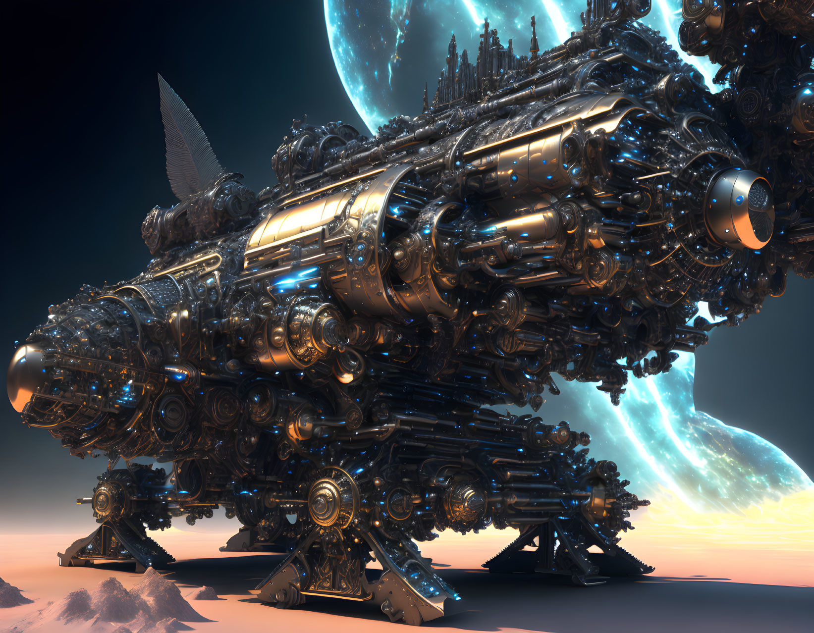 Intricate futuristic spacecraft on alien planet with celestial body horizon