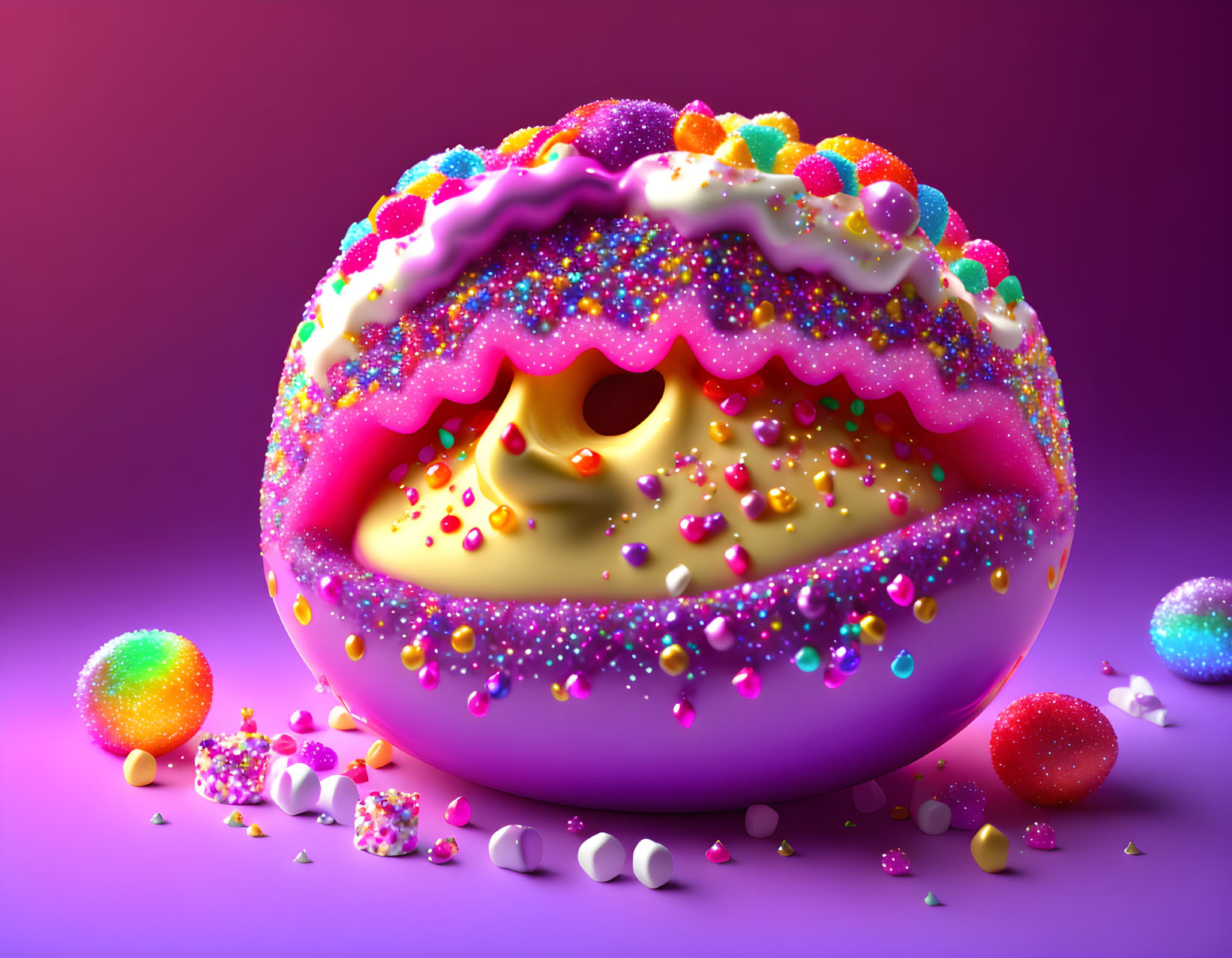 Colorful Doughnut-Shaped Artwork with Glitter and Sprinkles on Purple Background