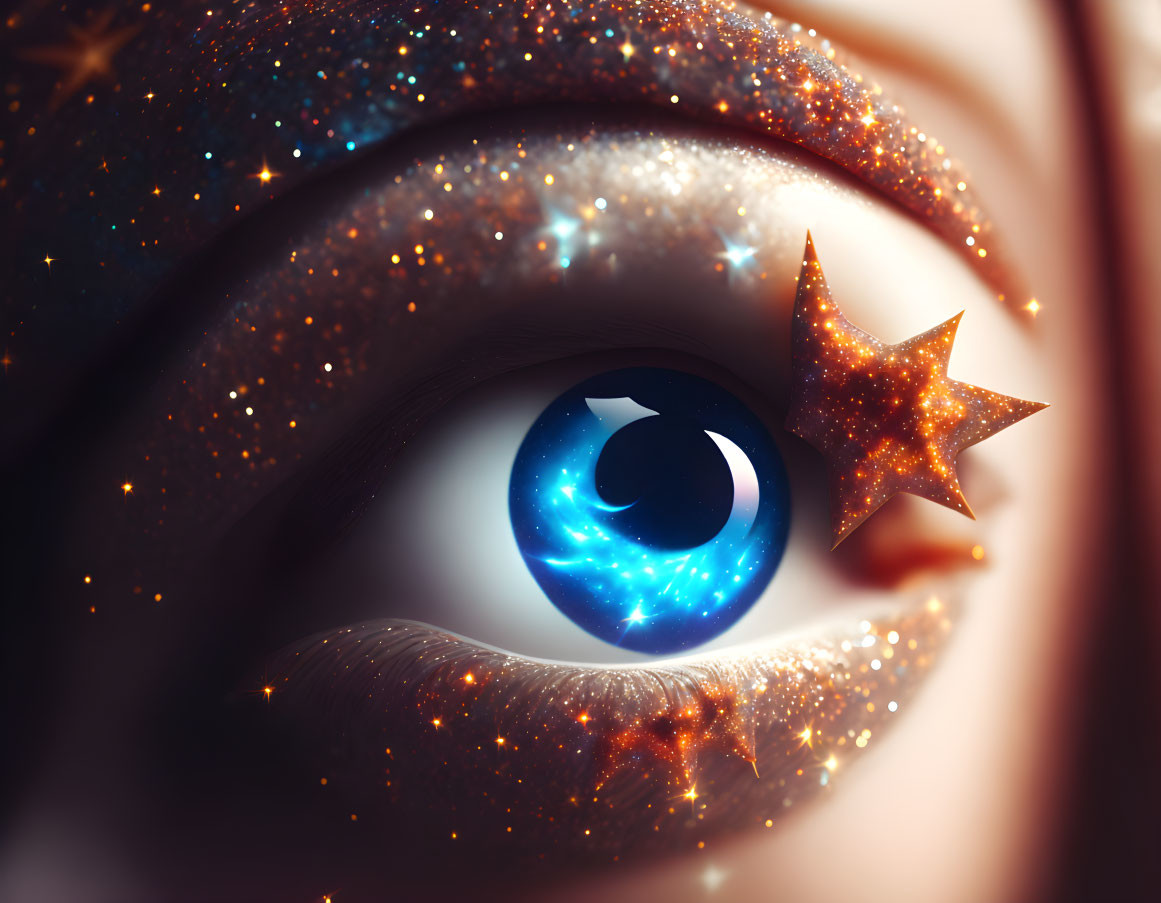 Eye with galaxy-themed iris and star reflection in cosmic backdrop