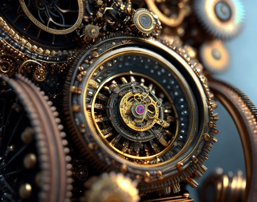 Detailed view of ornate cogwheel with red gemstone in intricate mechanical gears